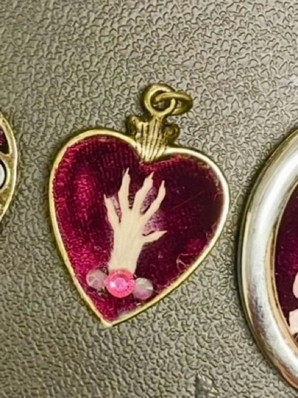 Heart Shaped Gold Tone Mouse Paw Pendant with Red Velvet and Rhinestones
